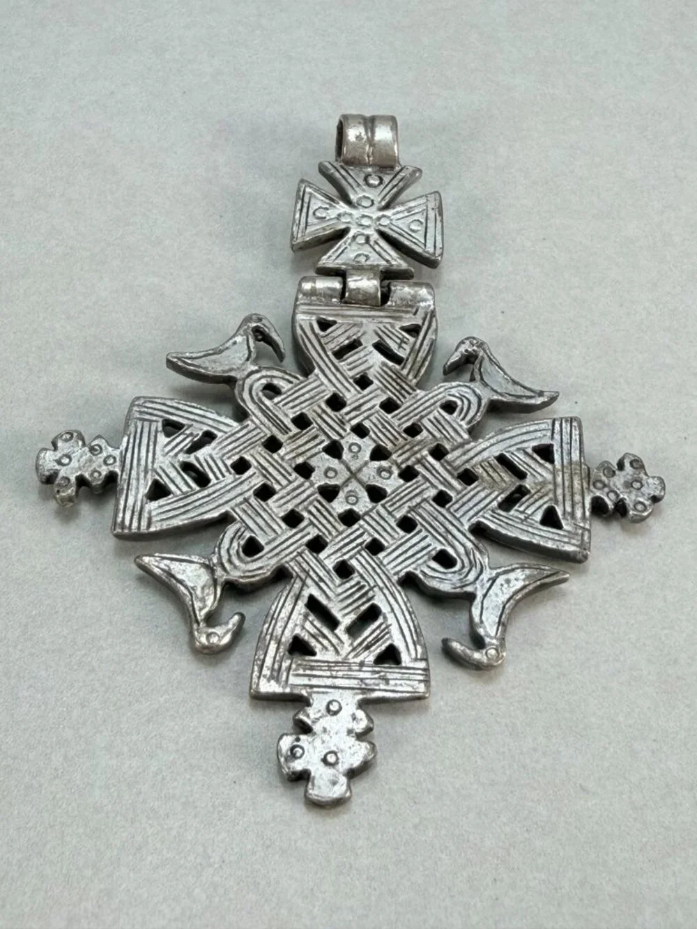 Vintage Alva Ethiopian Coptic Cross Pendant Silver Tone Signed Large